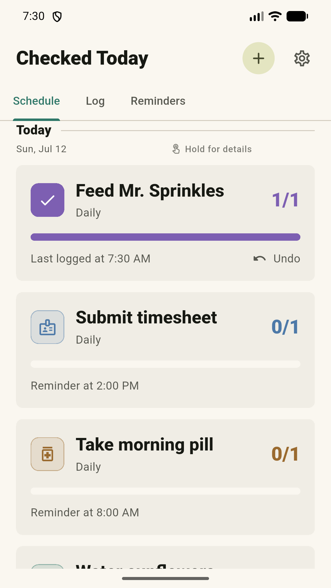 Checked Today Android app showing daily tasks, completion counts and reminders.