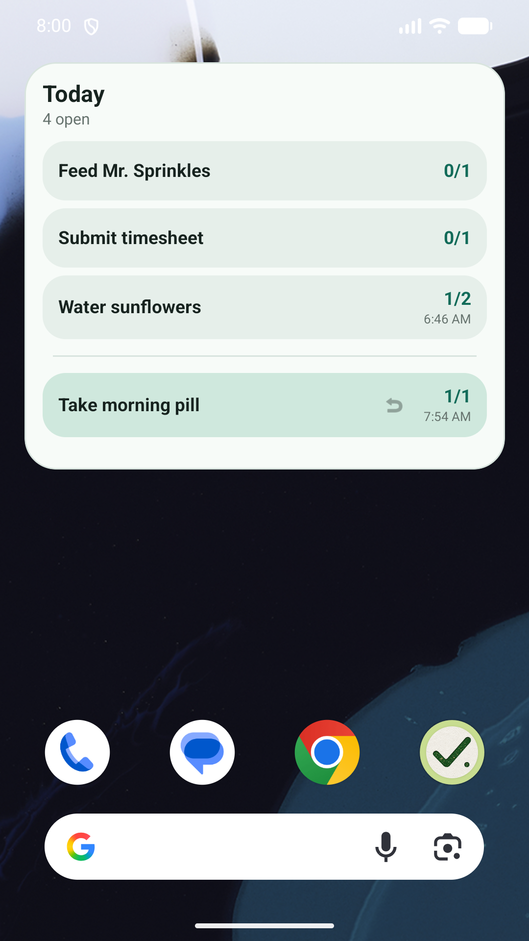 Checked Today home-screen widget with four recurring tasks and one-tap progress controls.